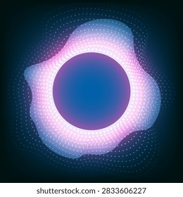 Abstract glowing circular frame surrounded by fluid wavy halftone dots and vibrant neon particles on a dark blue background. Radiant purple and cyan aura illuminates an organic round aperture, blending modern digital technology with smooth soundwave ripples. Luminous audio equalizer energy flows dynamically outward to establish an eye-catching cyberpunk cosmic portal. Versatile empty copy space ring designed for futuristic banners, music podcast covers, logos, or minimal tech emblems.