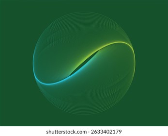 Design de onda circular brilhante abstrato com linhas de néon suaves no fundo verde escuro, padrão digital futurista