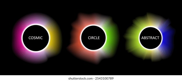 Abstract glowing colorful three circles, different colors on black background