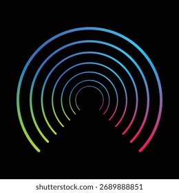 Abstract glowing concentric circles of light in rainbow colors on a dark background