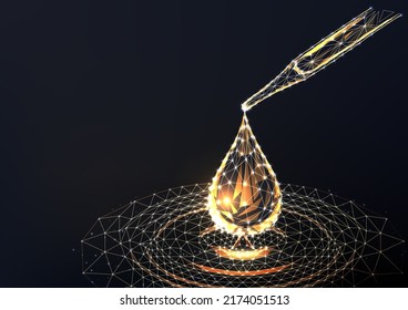 Abstract glowing cosmetic pipette with drops of cosmetic oil on black backgound. 