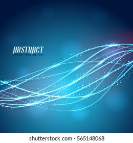 Abstract glowing curved lines with white sparkles on blurred blue background with text vector illustration