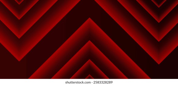 Abstract glowing diagonal arrow lines on red background. Shiny red gradient stripes lines. Modern graphic. Futuristic concept. Horizontal banner template. Vector