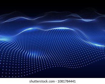 Abstract glowing digital wave from particles.  3D technology background. Futuristic vector.