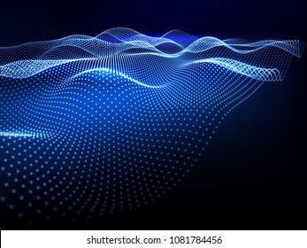 Abstract glowing digital wave from particles.  3D technology background. Futuristic vector.
