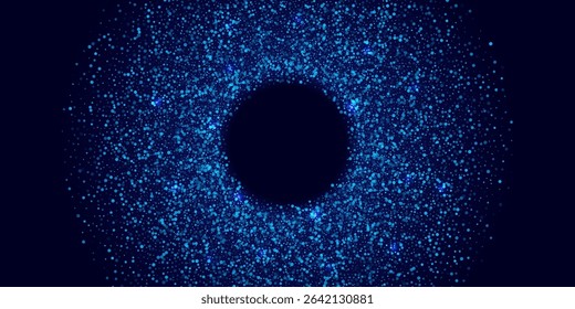 Abstract glowing dotted circular background. Blue particle ring made of small light dots on dark backdrop. Futuristic, cosmic, digital, tech design. Vector illustration.