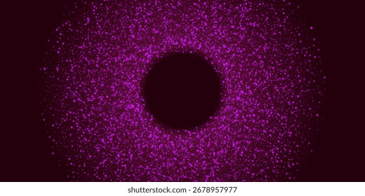 Abstract glowing dotted circular background. Purple particle ring made of small light dots on dark backdrop. Futuristic, cosmic, digital, tech design. Vector illustration.