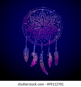 Abstract glowing dreamcatcher in blue and pink colors. Luminescence vector illustration. Boho style background, ethnic design element for flyers, covers, tshirts, clothing, print