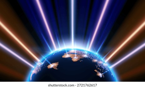 Terra Brilhante Abstrata com Raios de Luz Azuis - Linhas de Velocidade Futurista, Tecnologia Global e Fundo Espacial, Ilustração Mundial de Rede Digital