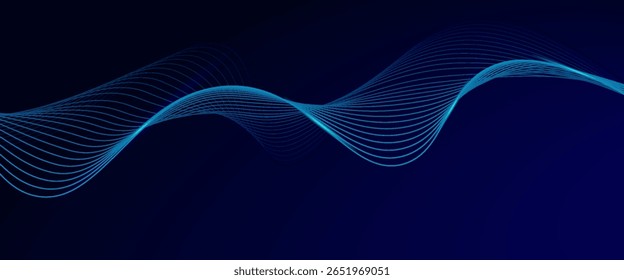 Abstractas líneas onduladas que fluyen brillantes sobre fondo azul oscuro. Diseño moderno de onda dinámica. Líneas móviles azules brillantes. Concepto de tecnología futurista. Espacio para el texto. Arte moderno