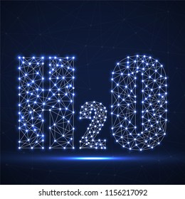 Abstract glowing formula H2O with lines and dots. Vector