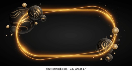 Abstract glowing frame with dynamic 3d spheres textured with golden striped pattern. Futuristic trendy banner. Vector illustration. EPS 10.