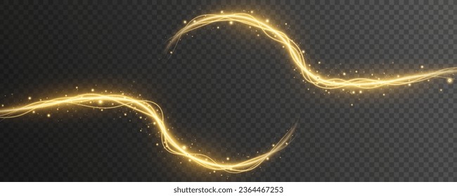 Abstrakter, leuchtender Rahmen aus hellen, neonbogen Linien mit fliegenden, magischen, goldenen Partikeln einzeln auf transparentem Hintergrund. Funkelender Lichteffekt. Vektorgrafik. EPS10.