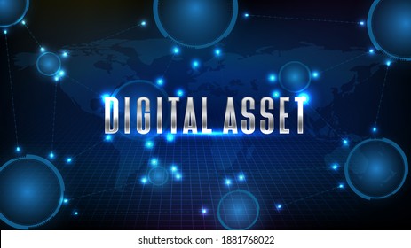 fondo futurista abstracto de conexión de línea de activos digitales y mapa mundial