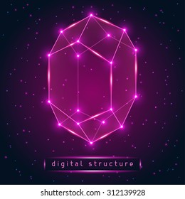 Abstract glowing geometric figure on starry background.