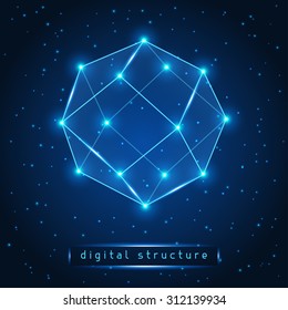 Abstract glowing geometric figure on starry background.