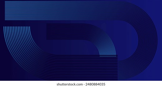 Abstract glowing geometric lines on dark background. Elegant shiny blue rounded lines pattern. Modern futuristic graphic. Suit for poster, banner, brochure modern arts dark blue line