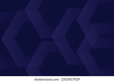 Abstract glowing geometric lines on dark blue background. Modern shiny hexagon lines pattern. Geometric line art design.