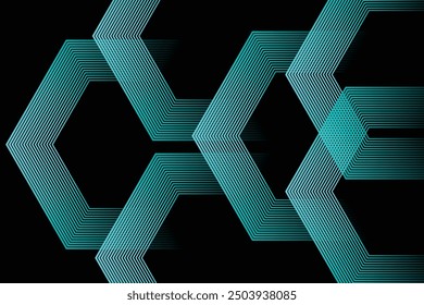 Abstract glowing geometric lines on black background. Modern shiny hexagon lines pattern. Geometric line art design.