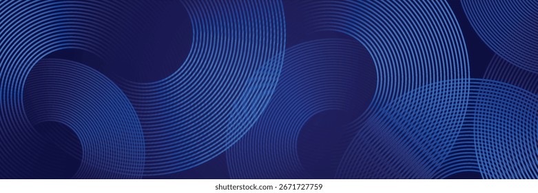 Abstractas líneas geométricas brillantes sobre fondo oscuro. Elegante patrón de líneas redondeadas azul brillante. Gráfico futurista moderno. Traje para el cartel, Anuncio, folleto, artes modernas