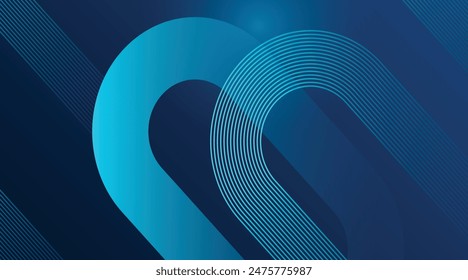 Abstract glowing geometric shape on dark blue background. Modern futuristic graphic. Shiny blue gradient diagonal rounded lines.