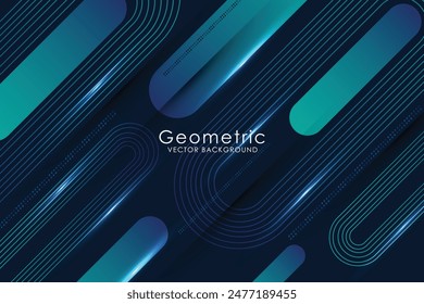 Abstractas forma geométrica brillante sobre fondo azul oscuro. Gráfico futurista moderno. Líneas redondeadas diagonales de degradado azul brillante