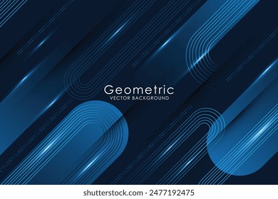 Abstractas forma geométrica brillante sobre fondo azul oscuro. Gráfico futurista moderno. Líneas redondeadas diagonales de degradado azul brillante