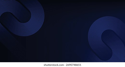 Abstractas forma geométrica brillante sobre fondo azul oscuro. Gráfico futurista moderno. Líneas redondeadas diagonales degradadas azules brillantes. ilustración de Vector.