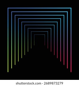 Túnel geométrico brilhante abstrato com luzes neon coloridas recuando para a escuridão