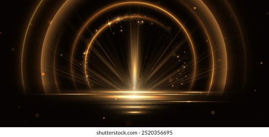 Líneas de iluminación Abstractas brillantes del círculo del oro en el fondo oscuro con el efecto de la iluminación y el chispa con el espacio de la copia para el texto. Estilo de diseño de lujo. Ilustración vectorial