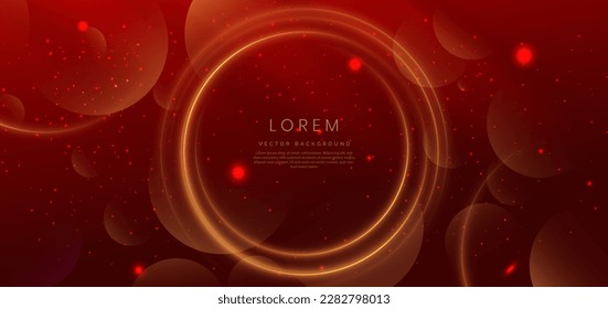 Abstract glowing gold circle lines on red background with lighting effect and sparkle with copy space for text. Luxury design style. Vector illustration