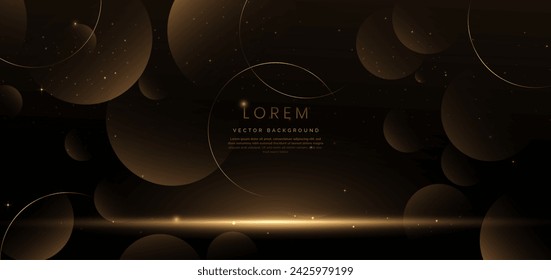 Líneas de círculo de oro brillante abstracto sobre fondo oscuro con efecto de iluminación y brillo con espacio de copia para el texto. Diseño de lujo. Ilustración de vector