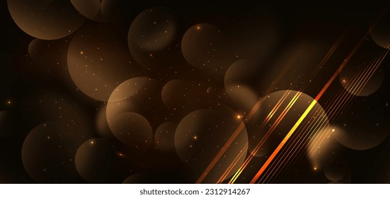 Abstract glowing gold circles ray lines on dark brown background with lighting effect and sparkle with copy space for text. Luxury design style. Vector illustration