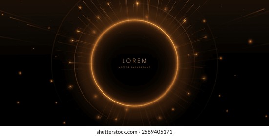 Abstract glowing gold circles ray on dark  background with lighting effect and sparkle with copy space for text. Luxury design style. Vector illustration