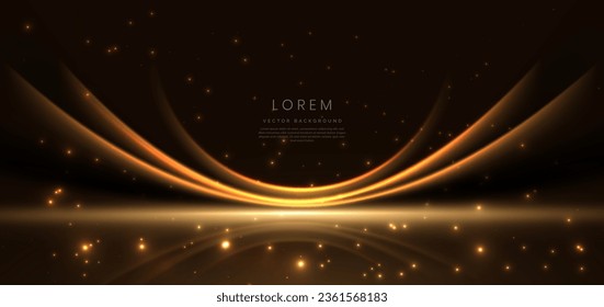 Abstract glowing gold curved element on dark  background with lighting effect glitter and sparkle with copy space for text. Luxury design style. Vector illustration