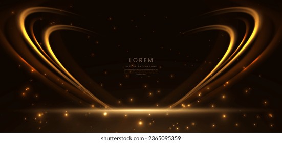 Abstract glowing gold curved element on dark  background with lighting effect glitter and sparkle with copy space for text. Luxury design style. Vector illustration