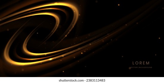 Abstract glowing gold curved element on dark  background with lighting effect glitter and sparkle with copy space for text. Luxury design style. Vector illustration