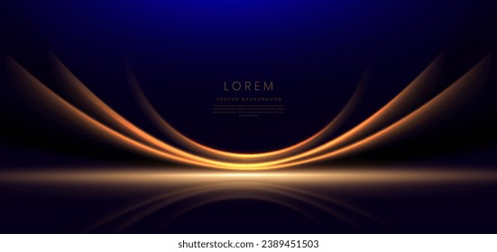 Abstract glowing gold curved element on dark blue background. Luxury design style. Vector illustration