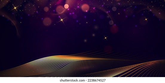 Abstract glowing gold curved lines on dark blue background with lighting effect and sparkle with copy space for text. Luxury design style. Vector illustration