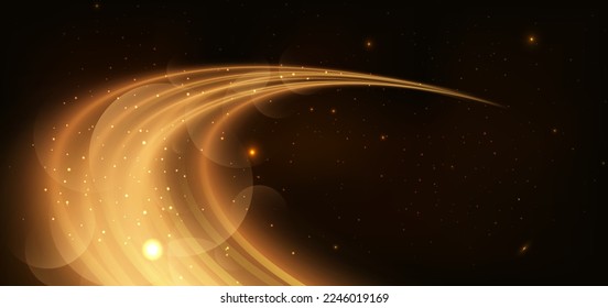 Abstract glowing gold curved lines on dark brown background with lighting effect and sparkle with copy space for text. Luxury design style. Vector illustration