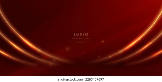 Abstract glowing gold curved lines on red background with lighting effect and sparkle with copy space for text. Luxury design style. Vector illustration