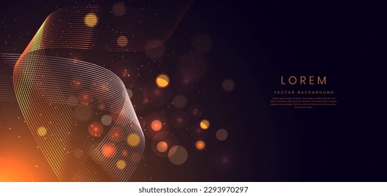 Abstract glowing gold curved lines on dark blue background with lighting effect and sparkle with copy space for text. Vector illustration