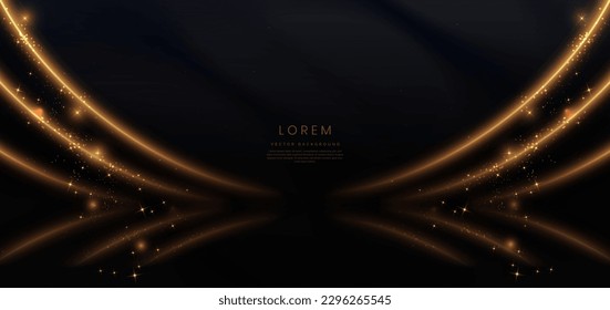 Abstract glowing gold curved lines on black background with lighting effect and sparkle with copy space for text. Luxury design style. Vector illustration