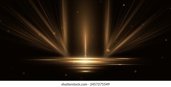 Abstract glowing gold diagonal lighting lines on dark  background with lighting effect and sparkle with copy space for text. Luxury design style. Vector illustration