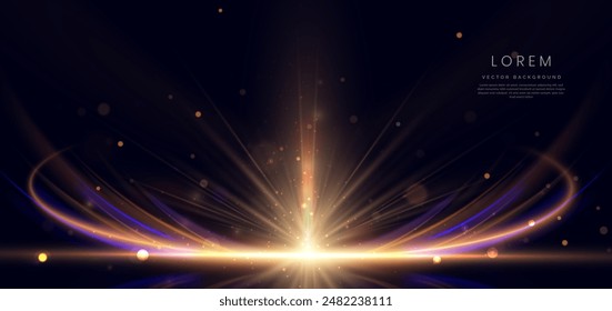 Abstract glowing gold diagonal lighting lines on dark  background with lighting effect and sparkle with copy space for text. Luxury design style. Vector illustration