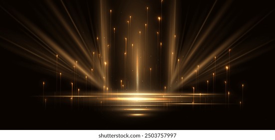 Abstract glowing gold diagonal lighting lines on dark  background with lighting effect and sparkle with copy space for text. Luxury design style. Vector illustration