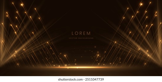 Abstract glowing gold diagonal lighting lines on dark  background with lighting effect and sparkle with copy space for text. Luxury design style. Vector illustration