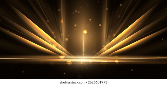 Abstract glowing gold diagonal lighting lines on dark  background with lighting effect and sparkle. Luxury design style. Vector illustration