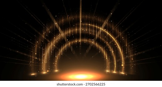 Abstract glowing gold diagonal lighting lines on dark  background with lighting effect and sparkle with copy space for text. Luxury design style. Vector illustration