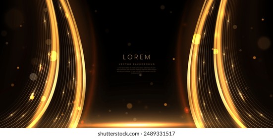 Abstract glowing gold lighting curve lines on dark  background with lighting effect and sparkle with copy space for text. Luxury design style. Vector illustration